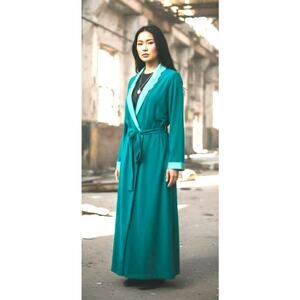 Vintage Vanity Fair Teal Velour Robe Satin Trim Belted Hostess Lounge M Made USA